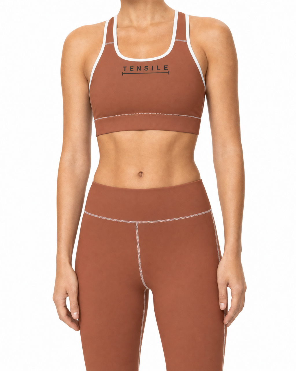 TENSILE Sports Bra in clay, racerback with white binding