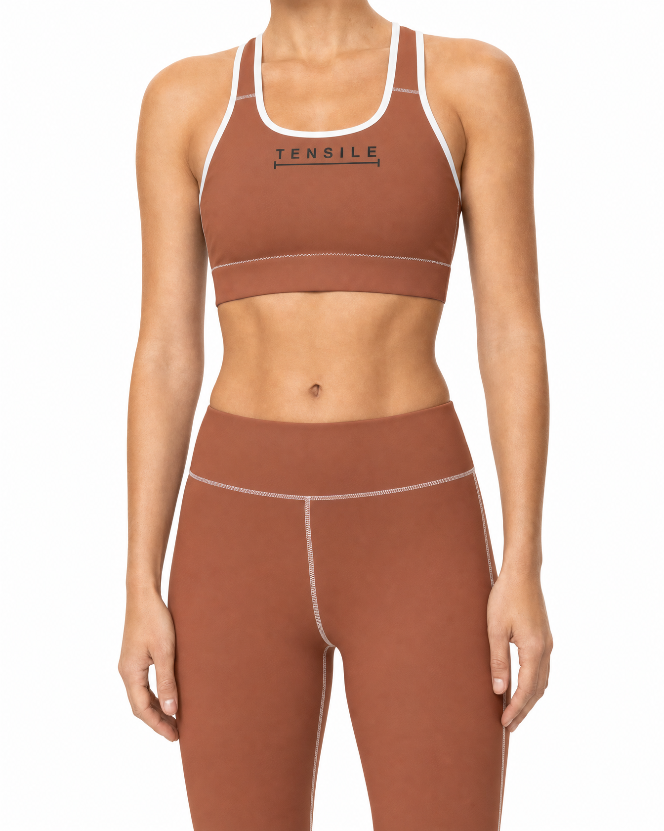 TENSILE Sports Bra in clay, racerback with white binding