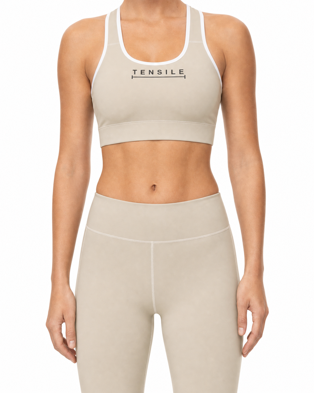 TENSILE Sports Bra in sand, racerback with white binding